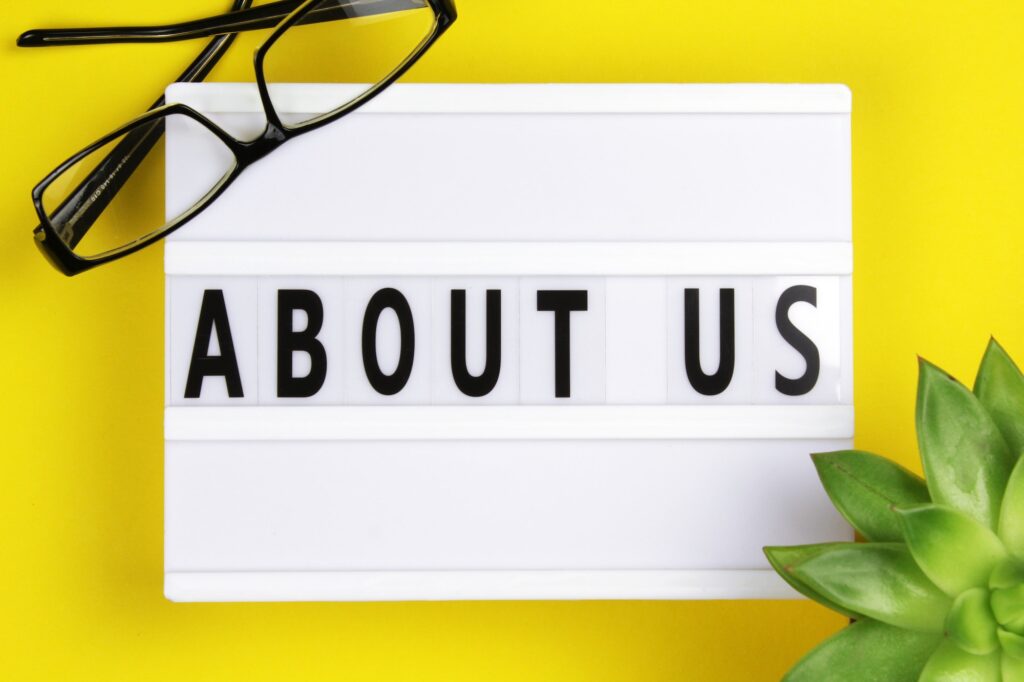 About us word on lightbox with succulent plant on yellow background, flat lay